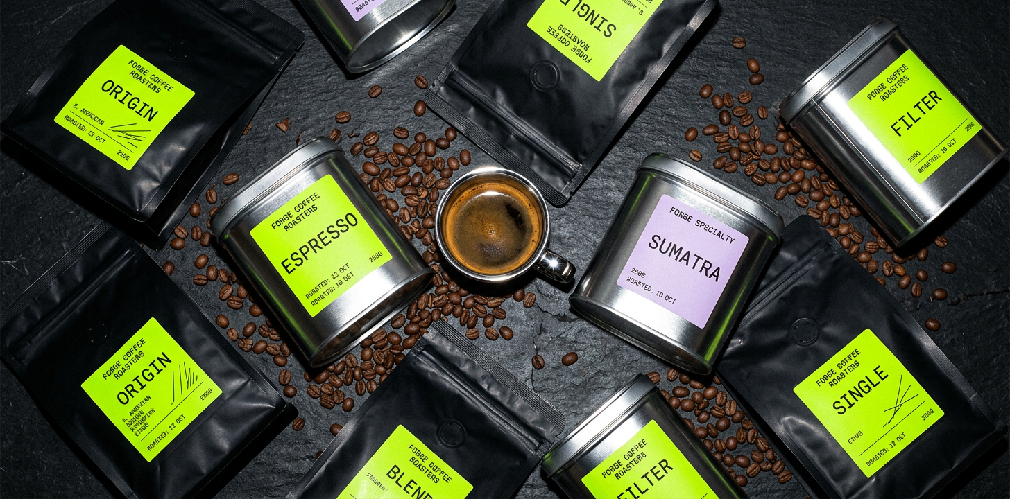 Packaging de café negro con detalles verde lima y acabados cromados