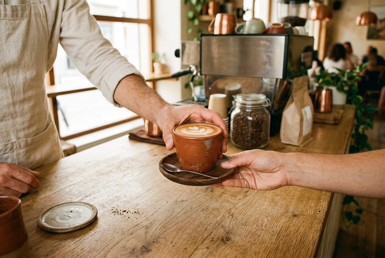 Un barista entrega un café con latte art en la barra